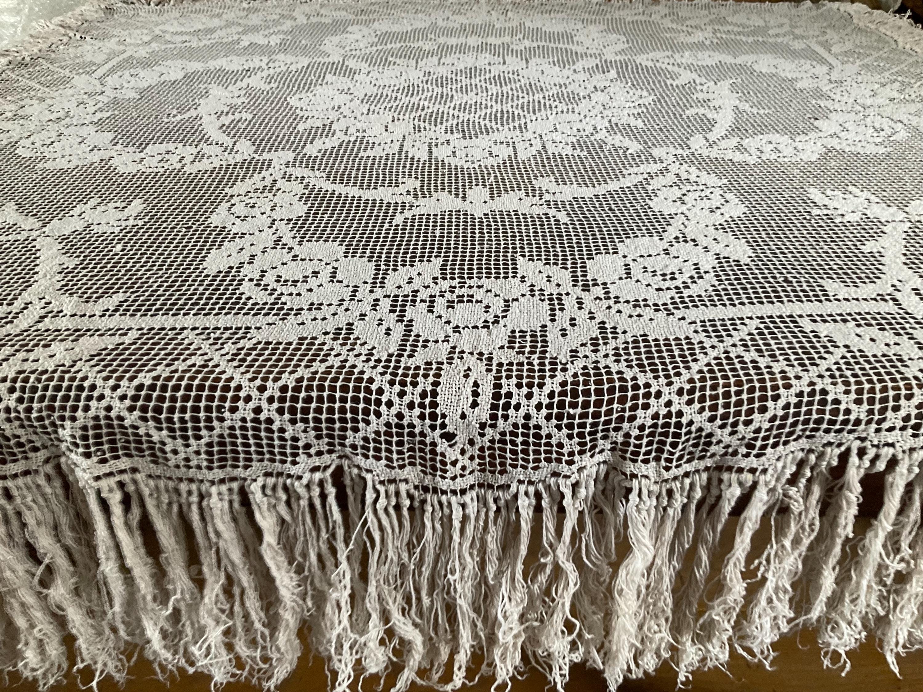Vintage french crochet lace tablecloth with tassels absolutely fabulous lots of stunning detail