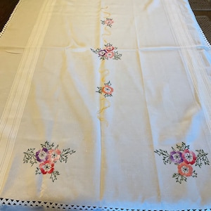 Vintage hand embroidered large floral tablecloth