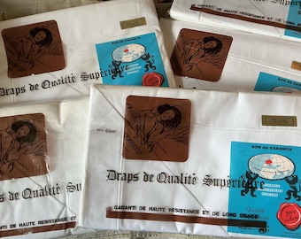 ヴィンテージのフランス製大型純綿シーツ。オリジナルパッケージとオリジナルラベル付き。在庫5点。