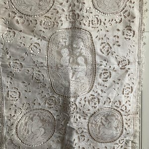 Absolutely fabulous french filet lace wall hanging/ panel with cherub design, very intricate work.
