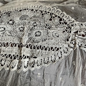 May include: A white lace fabric featuring an intricate oval-shaped central panel with detailed floral and leaf embroidery. The surrounding sheer mesh material is adorned with small, scattered circular motifs and a scalloped decorative border.