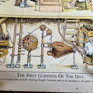 May include: An illustrated diagram of a Guinness draught system, featuring a wooden barrel, bellows, and a series of pipes and pulleys. The text reads "THE FIRST GUINNESS OF THE DAY." and "JOHN IRELAND."