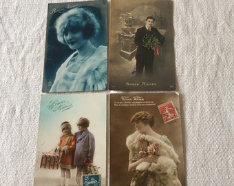 Original antique french hand tinted real photo postcards 1900-1920’s various scenes set of 4 just absolutely superb