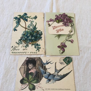 Original antique french postcards 1900-1920’s various scenes set of 3 just absolutely fabulous with hand done detailing beautiful
