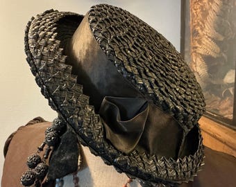 40s Breton Raffia Straw Hat Turned up Brim Grosgrain Ribbon  display picture 2