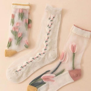 Lace Socks, Retro Floral Mesh Socks, Sheer Socks, Women Flower Pattern Socks Spring Summer Socks, See Through Socks Gift Idea for Mum