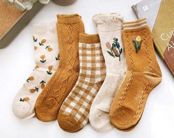 Winter Socks Floral Wool Socks Sleeping Socks Women Check Pattern Socks Autumn Knitted Warm Boots Socks, Christmas Gift Stocking Fillers