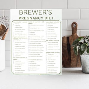 Puede incluir: Un gráfico de dieta de embarazo imprimible titulado "Brewer's Pregnancy Diet" con un fondo verde y blanco. El gráfico enumera las categorías de alimentos y los tamaños de las porciones para cada categoría, incluidos los productos lácteos, las combinaciones de proteínas, los cereales integrales, las grasas y los aceites, las verduras de hoja verde oscura, los alimentos ricos en vitamina A y los alimentos ricos en vitamina C.
