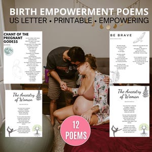 Puede incluir: Un conjunto de 12 poemas imprimibles para el empoderamiento del parto, con una mujer embarazada en una habitación de hospital. Los poemas se titulan "Canto de la Diosa Embarazada", "La Ancestralidad de la Mujer" y "Sé Valiente".
