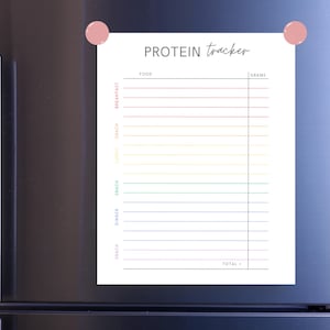 May include: A printable protein tracker with a rainbow design. The tracker has columns for food and grams. The text "PROTEIN tracker" is at the top of the page.