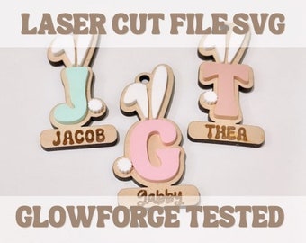 Hase Ohr Initialen Ostern Korb Geschenkanhänger SVG Glowforge Laser Cut Datei, A-Z personalisierte Ostern Namensschilder