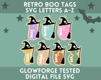 Retro Boo Bag Anhänger SVG | Halloween Glowforge Feile | Initiale Halloween Tags SVG | Hexe Initial Halloween Tags