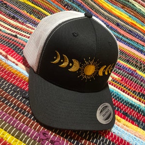 Embroidered Moonphase Trucker Cap | Sun Moon Hat | Celestial Hat | Moon Phase Hat | Boho Style | Sun Burst Hat | Hippie Gift