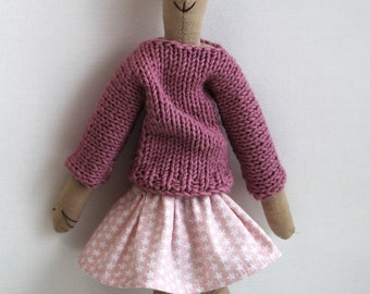 Hand Knitted Outfit for Maileg Bunny 12 inch: Pink Sweater, Cotton Skirt, Scarf (5pc)