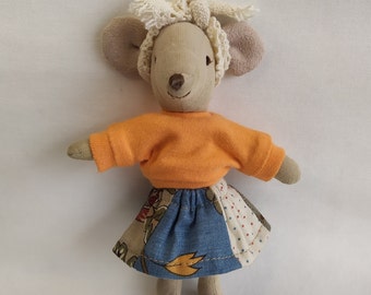 Orange top & Patchwork skirt for Maileg mouse big sister, Vintage style outfit with headband micro mice clothes to fit 12cm/5" matchbox mice