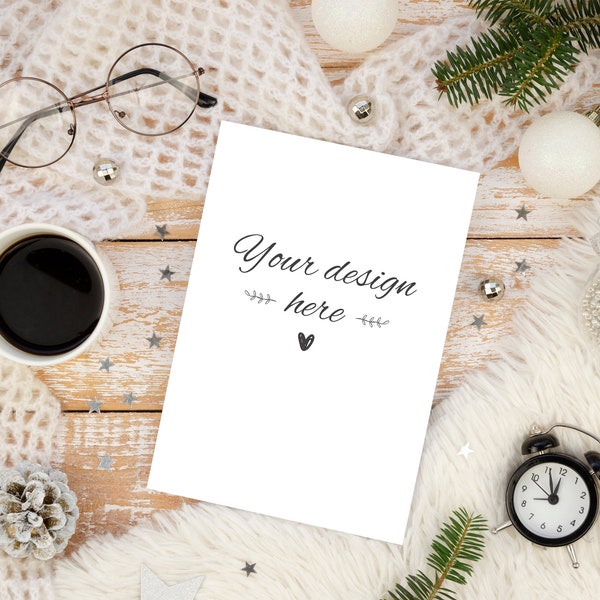 7x5" Christmas blank card mockup on a cozy winter desktop, New year card flat lay