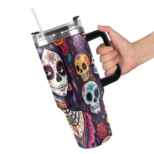 Stainless Steel Mug Coffee 40oz Sugar Skull Día De Los Muertos Day of the Dead La Catrina Mexico Mug Chicano Calavera Skulls