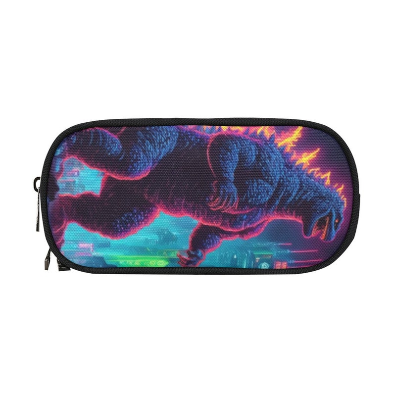 May include: A black pencil case with a colorful image of a Godzilla-like monster in a neon cityscape. The monster is blue, pink, and purple with a fiery orange mane.