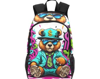 Mochila escolar tipo cartera con bolsillos de malla, bolso de mano, dibujo de oso, cómics, arte gánster.