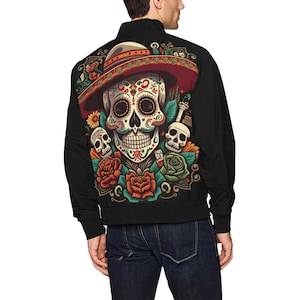Casaco bomber para homem com bolsos café Día De Los Muertos casaco dia dos mortos Sugar Skull Art La Catrina