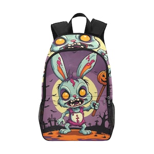 Sac à dos d'école, cartable, avec poches en filet, sac à main, motif lapin zombie, Halloween, art, bandes dessinées