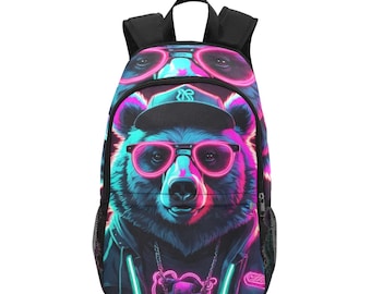 Mochila Escolar Infantil Gangsta Bear Neon, Mochila Ergonômica com Bolsos de Tela, Mochila para Meninos