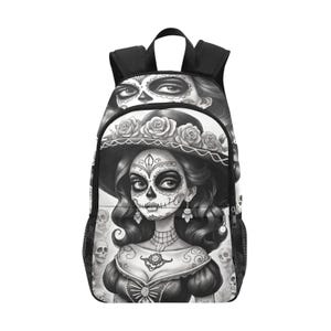 Backpack School Backpack With Mesh Pockets Handbag Bag Día De Los Muertos Pencil Art Cartoon Comics