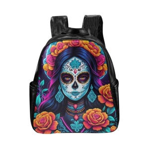 Backpack Backpack PU leather Cartoon Día De Los Muertos Neon La Catrina Art