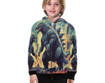 Hoodie met rits Jongens Kinderen Godzilla Kaiju Gojira Retro Art
