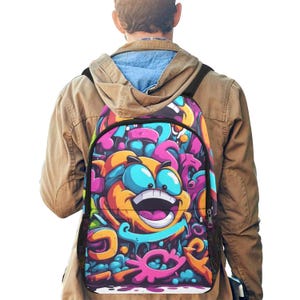Mochila escolar tipo cartera con bolsillos de malla, bolso de mano, cómics de neón de dibujos animados