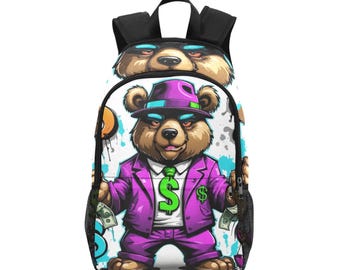 Mochila escolar tipo cartera con bolsillos de malla, bolso de mano, diseño de oso de dibujos animados, cómics y gangsters.