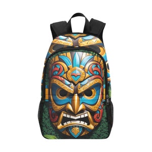 Sac à dos d'école, cartable, sac à dos Tiki Mask avec poches en filet, sac à main, sac à dos, art néo-zélandais, bandes dessinées