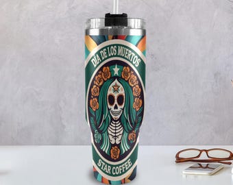 Taza de café de acero inoxidable de 40 oz con asa Día de los Muertos Día de los Muertos México
