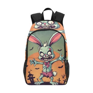 Sac à dos d'école, cartable, avec poches en filet, sac à main, motif lapin zombie, sac d'Halloween, art, bandes dessinées