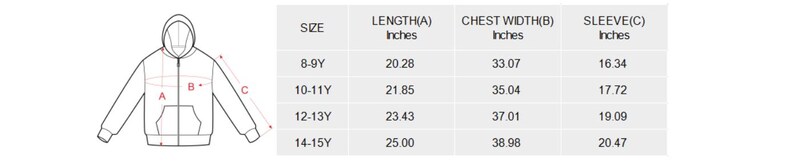 Op de afbeelding: Maattabel voor een hoodie met afmetingen in inches voor lengte, borstbreedte en mouwlengte. De maten vari&euml;ren van 8-9Y tot 14-15Y.
