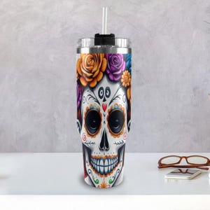 Stainless Steel Coffee Mug 40oz Sugar Skull Chicano Día De Los Muertos Day of the Dead  La Catrina Mexico Tumbler