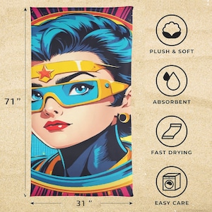 Toallas de playa Seper Hero Retro Comics Dibujos animados Superhéroe Arte Chica Mujer