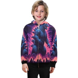 Hoodie with Zipper Boys Kids Godzilla Sweatshirt Gojira Retro Cartoon Kaiju Monster Comics
