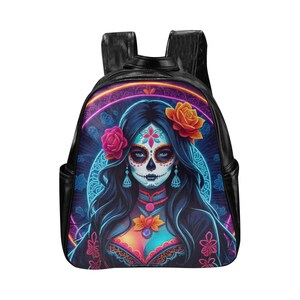 Backpack Backpack PU leather Cartoon Día De Los Muertos Neon La Catrina Art Comics