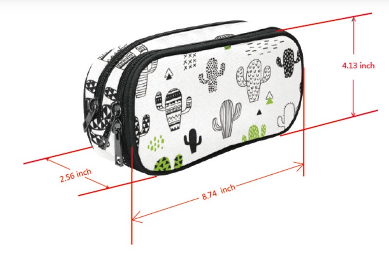 May include: A white pencil case with a black zipper and a cactus print. The case measures 8.74 inches long, 4.13 inches high, and 2.56 inches wide.