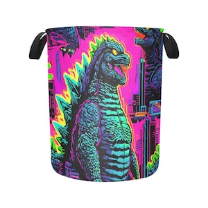 Laundry Basket laundry hamper basket Godzilla Gojira Kaiju Comics Retro Vintage Cartoon Rainbow Art Neon