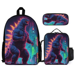 Peut inclure: Ensemble de sac à dos, trousse et sac à déjeuner noirs avec un motif Godzilla néon. Le sac à dos a un grand compartiment principal et des poches latérales. La trousse et le sac à déjeuner affichent également le graphisme Godzilla. Idéal pour l'école ou les voyages.
