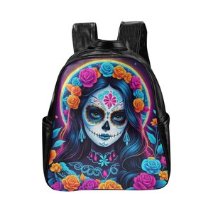 Backpack Backpack PU leather Cartoon Día De Los Muertos La Catrina Art Comics Neon