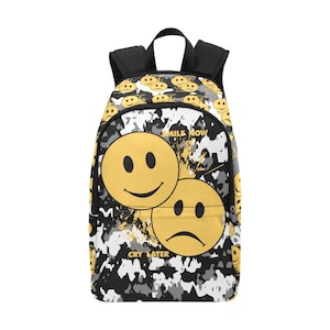 Sac à dos d'école, cartable, sac à dos avec poches en filet, sac à main, sourire maintenant, pleurer plus tard, emoji