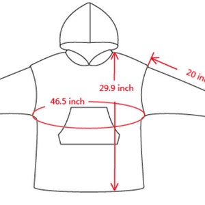 May include: Line drawing of a hooded sweatshirt with measurements. The sleeves are 20 inches long, the chest is 46.5 inches wide, and the body length is 29.9 inches. The sweatshirt has a large front pocket.