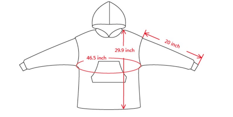 May include: Line drawing of a hooded sweatshirt with measurements. The sleeves are 20 inches long, the chest is 46.5 inches wide, and the body length is 29.9 inches. The sweatshirt has a large front pocket.