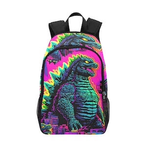 Sac à dos d'école, cartable, sac à dos Godzilla avec poches en filet, sac à main, sac néon rétro Gojira Kaiju
