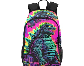 Backpack School Backpack Godzilla Backpack with Mesh Pockets Handbag Bag Neon Retro Gojira Kaiju