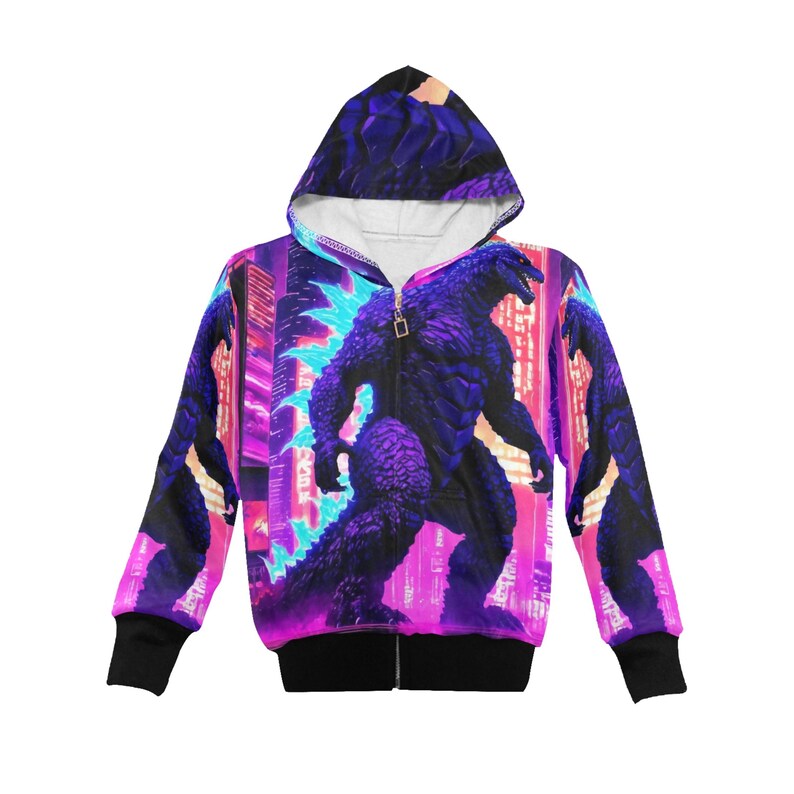 Op de afbeelding: Een zwarte hoodie met rits en een kleurrijke print van een monster in een stad. De print heeft neon roze, blauwe en paarse kleuren.