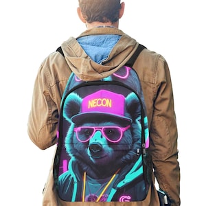 Sac à dos d'école, cartable, avec poches en filet, sac à main, sac Gangsta Bear Neon